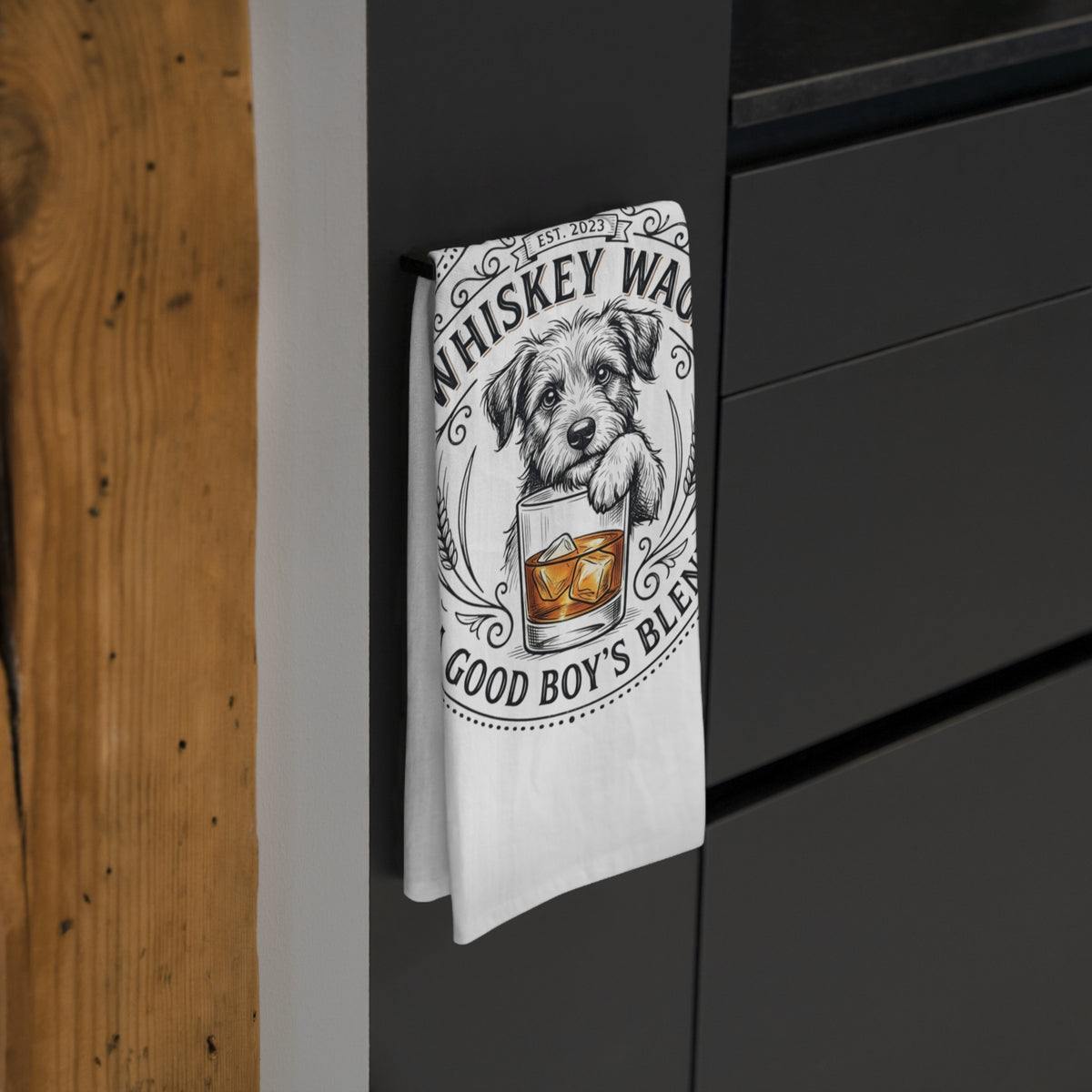 Tea Towel — "Whiskey Wags: A Good Boy's Blend" Dog Kitchen Towel