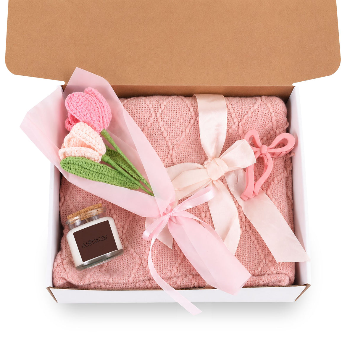EST 2026 Blush & Bloom Gift Set — Candle, Knit Blanket, Crochet Bouquet & Bow Clip